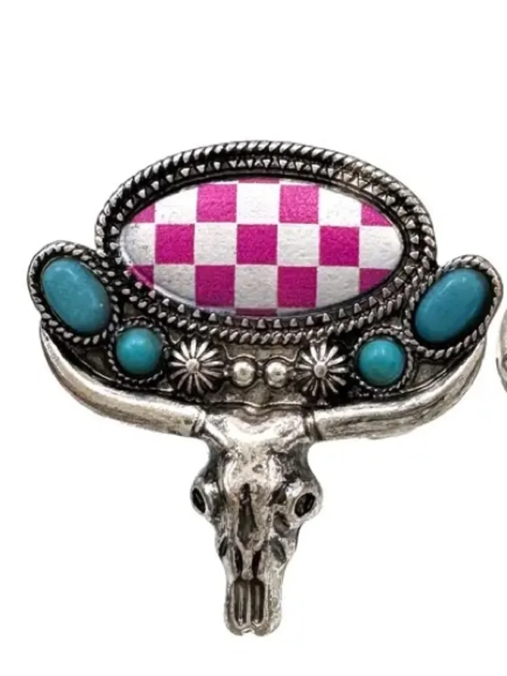 Western Fashion Turquoise Accent Checkerboard Statement Ring - Pink & Turquoise